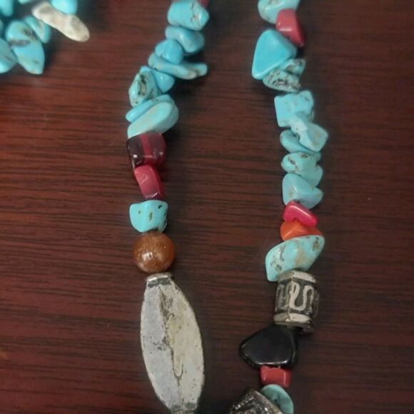 Southwestern Navajo Turquoise Double Strand Necklace Pewter Ankh Pendant Heart - Picture 8 of 12